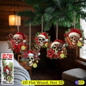 12pc Gothic Santa Skull Wooden Ornaments – Flat 2D Creepmas Tree Decorations with Roses & Candy Canes